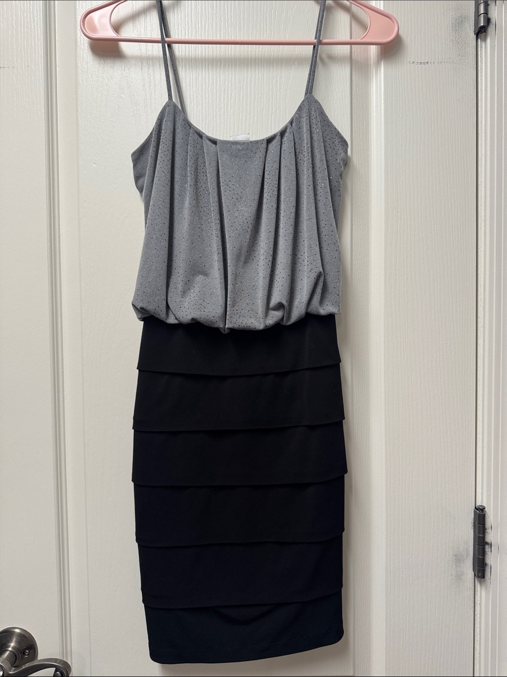 Sweet Storm Grey and Black Spaghetti-Strap Layered Mini Dress